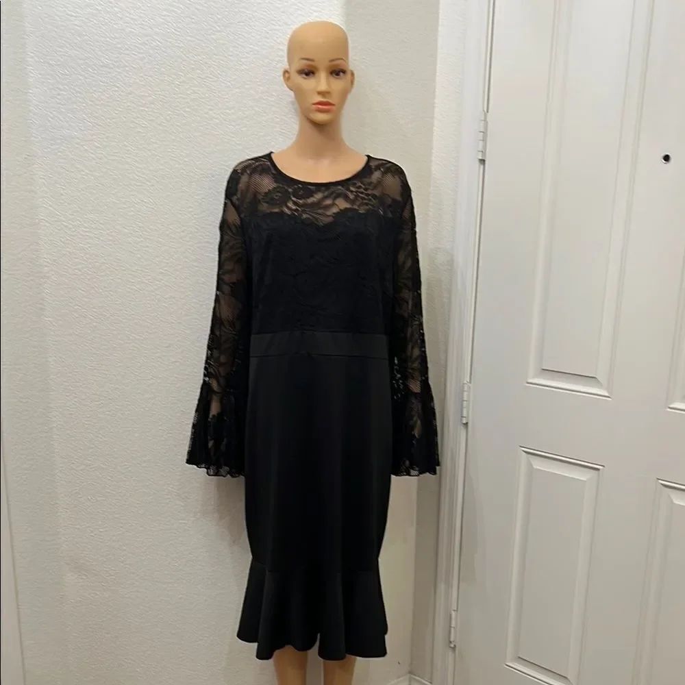 Hanna Nicole Dress Sz 20W Black Ruffled Tiered Gown Floral Lace Long Bell Sleeve